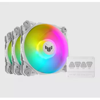 Arrefecedor de ar ASUS TUF GAMING TF120 ARGB WHITE EDITION — 3 ventoinhas de 120 mm, 1900 rpm, 29 dB, telecomando