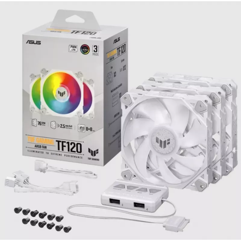 Arrefecedor de ar ASUS TUF GAMING TF120 ARGB WHITE EDITION — 3 ventoinhas de 120 mm, 1900 rpm, 29 dB, telecomando