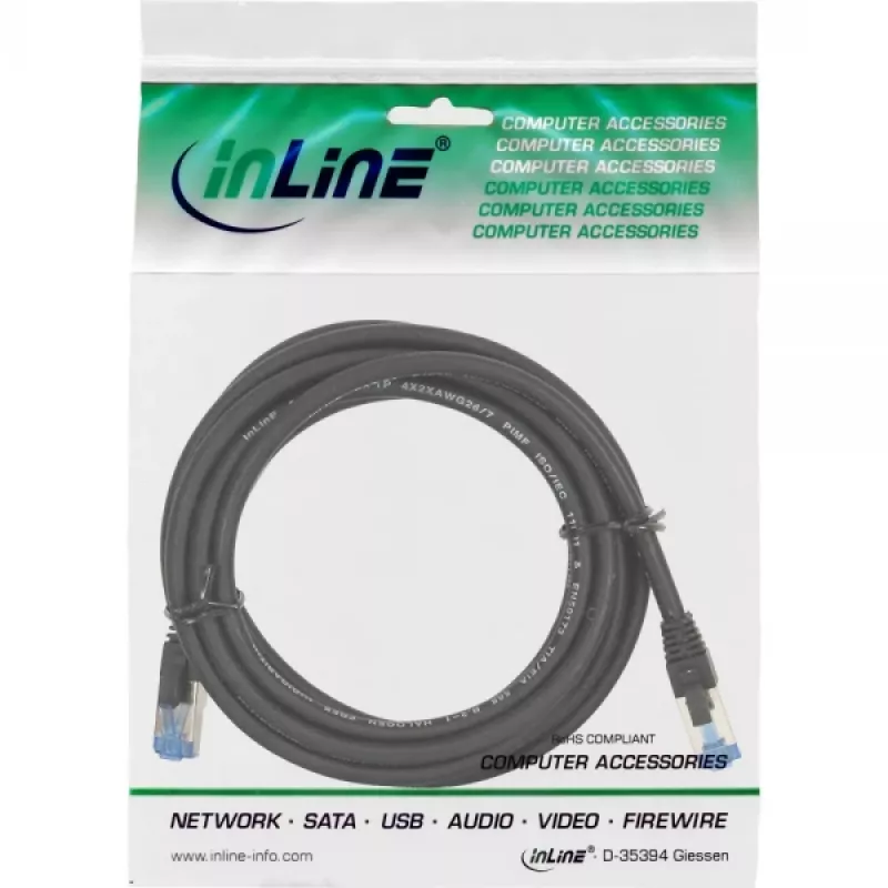 Cabo de rede InLine S/FTP PiMF Cat.6A sem halogéneos 500MHz preto 2m