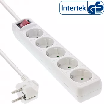 Régua de tomadas InLine, 5 tomadas Schuko CEE 7/3, branca, 1,5 m