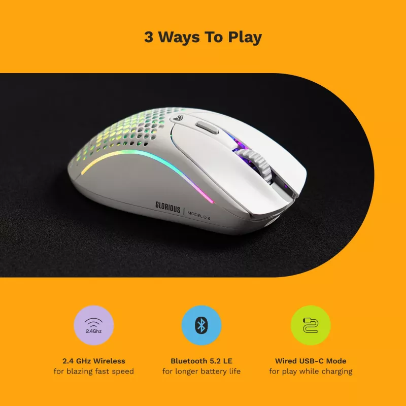 Rato Glorious Gaming Glorious Model D 2 Wireless - branco mate, destro, RF Wireless, 19000 DPI, branco