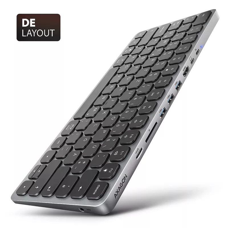 Axagon HMC-KB-GE, hub USB 5Gbps com teclado, HDMI 4K/60Hz, 3x USB-A, SD/mSD, áudio, PD 100, layout alemão