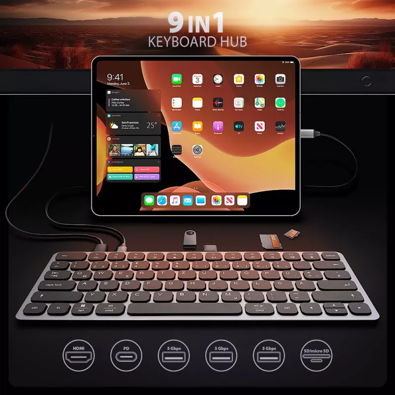 Axagon HMC-KB-GE, hub USB 5Gbps com teclado, HDMI 4K/60Hz, 3x USB-A, SD/mSD, áudio, PD 100, layout alemão
