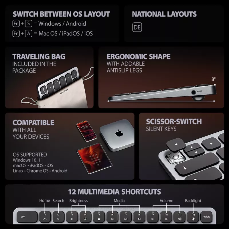 Axagon HMC-KB-GE, hub USB 5Gbps com teclado, HDMI 4K/60Hz, 3x USB-A, SD/mSD, áudio, PD 100, layout alemão