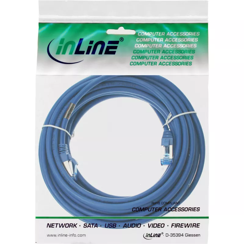 Cabo de rede InLine S/FTP PiMF Cat.6A sem halogéneos 500MHz azul 10m