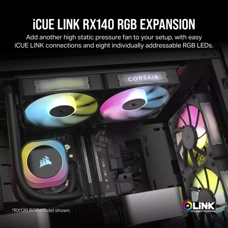 Ventoinha Corsair iCUE LINK RX140 RGB, 14 cm, preto, 300–1700 rpm, rolamento magnético