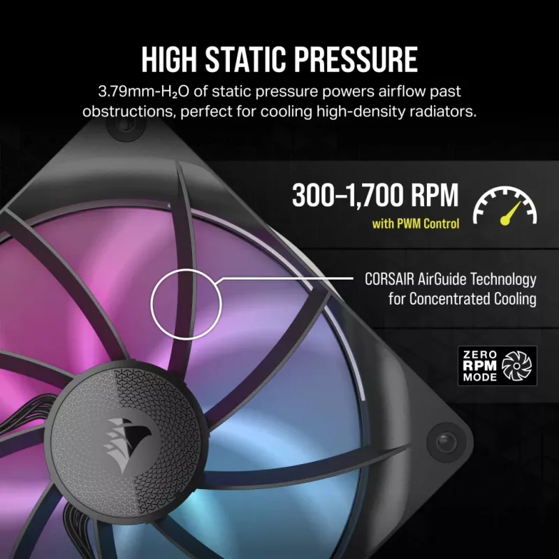 Ventoinha Corsair iCUE LINK RX140 RGB, 14 cm, preto, 300–1700 rpm, rolamento magnético