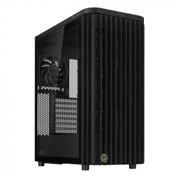 Caixa de PC ASUS ProArt PA401 Wood TG PWM Tower preta — ATX, vidro temperado, 2 ventoinhas frontais de 160mm, USB-C, suporta GPU 31,5 cm