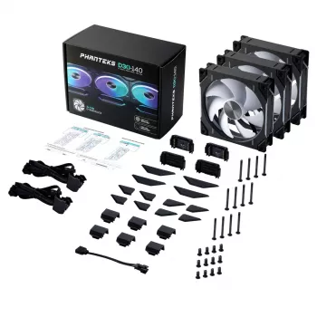 Ventoinha de caixa PHANTEKS PH-F140D30 140 mm, 2 níveis, 250–1800 rpm, 71,93 CFM, rolamento de esferas duplo, 12 V, preta (3 unid.)