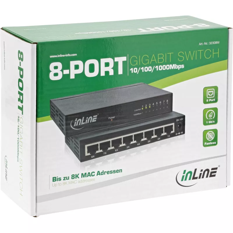 Switch de rede InLine 8 portas, 1 Gbit/s, Desktop, Metal, sem ventoinha, portas blindadas