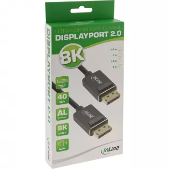Cabo DisplayPort 2.0 InLine, 8K4K UHBR, preto, contactos dourados, 1m
