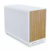 Caixa de PC Lian Li A3-mATX Micro Tower branca com detalhes em madeira — suporte para Micro-ATX/Mini-ITX, fontes de alimentação ATX/SFX/SFX‑L