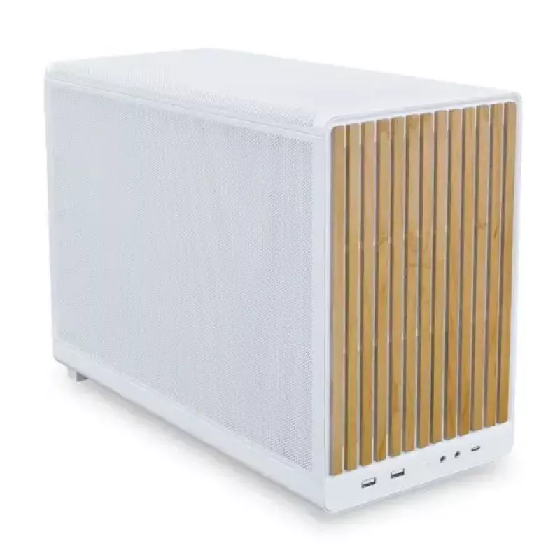 Caixa de PC Lian Li A3-mATX Micro Tower branca com detalhes em madeira — suporte para Micro-ATX/Mini-ITX, fontes de alimentação ATX/SFX/SFX‑L