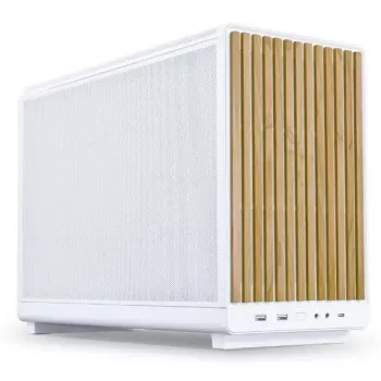 Caixa de PC Lian Li A3-mATX Micro Tower branca com detalhes em madeira — suporte para Micro-ATX/Mini-ITX, fontes de alimentação ATX/SFX/SFX‑L