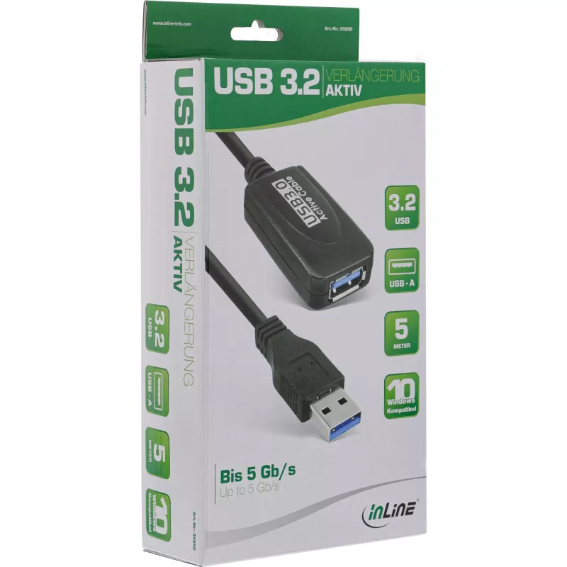 Cabo repetidor ativo USB3.2 Gen.1 InLine Type-A macho / fêmea, preto, 5m