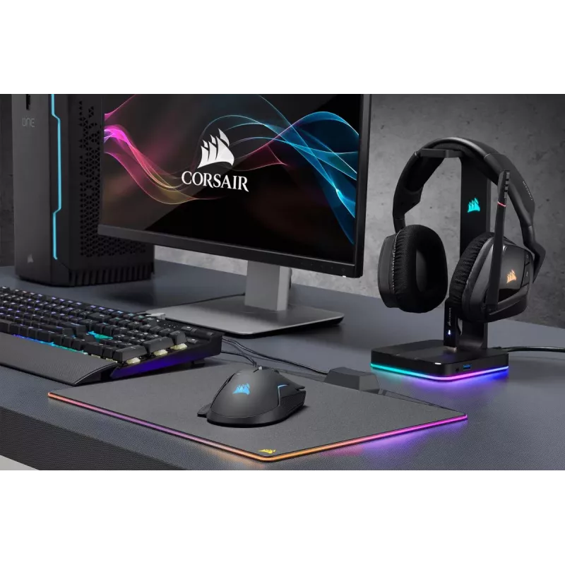 Suporte para headset CORSAIR ST100 RGB Premium — com suporte 7.1 Surround — iluminação RGB personalizável