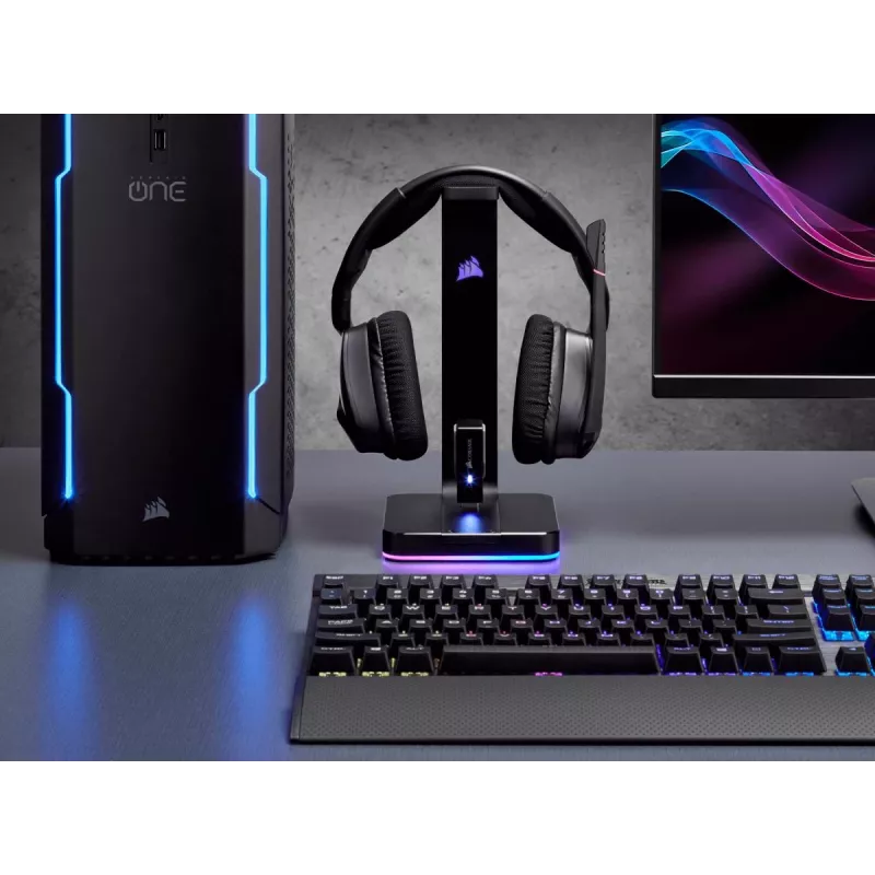 Suporte para headset CORSAIR ST100 RGB Premium — com suporte 7.1 Surround — iluminação RGB personalizável