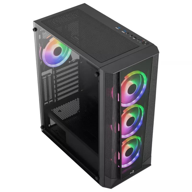Caixa PC Aerocool PRISMBKV3 ATX preta 4 ventoinhas ARGB frente lateral em vidro temperado