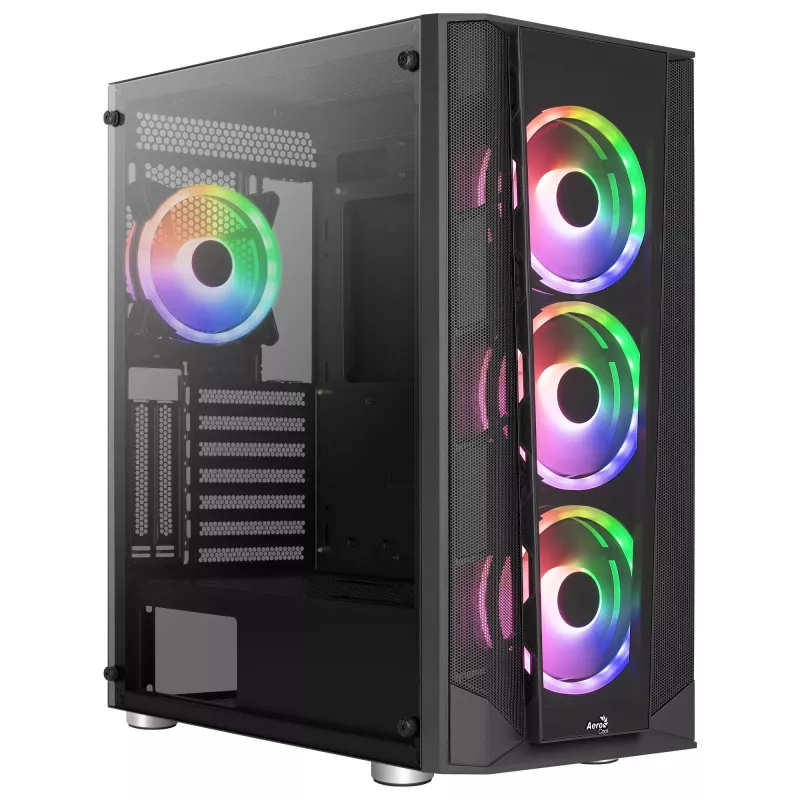 Caixa PC Aerocool PRISMBKV3 ATX preta 4 ventoinhas ARGB frente lateral em vidro temperado