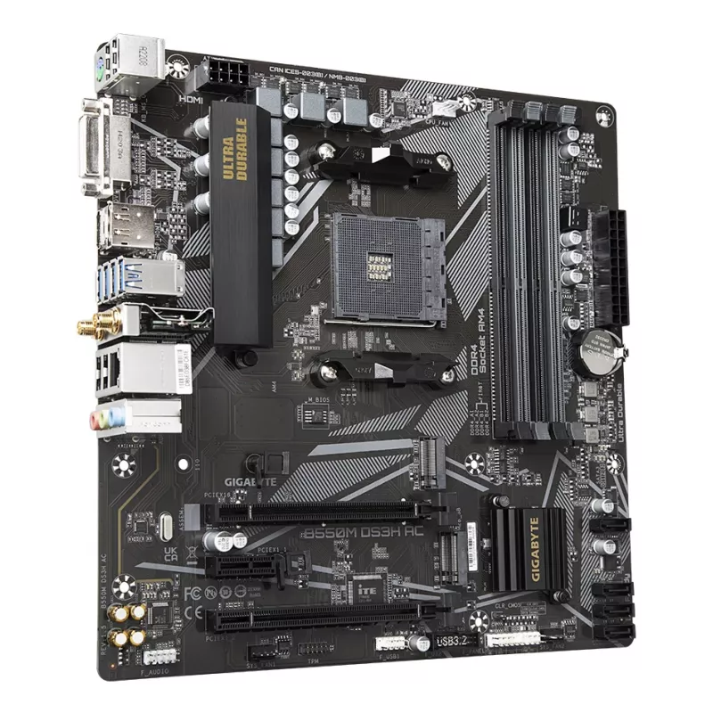 Placa-mãe GIGABYTE B550M DS3H AC - CPUs AMD Ryzen 5000, VRM 5+3 fases, até 4733 MHz DDR4, 1xPCIe 4.0 + 1xPCIe 3.0 M.2, Wi-Fi 5, 1 GbE LAN, USB 3.2 Gen 1