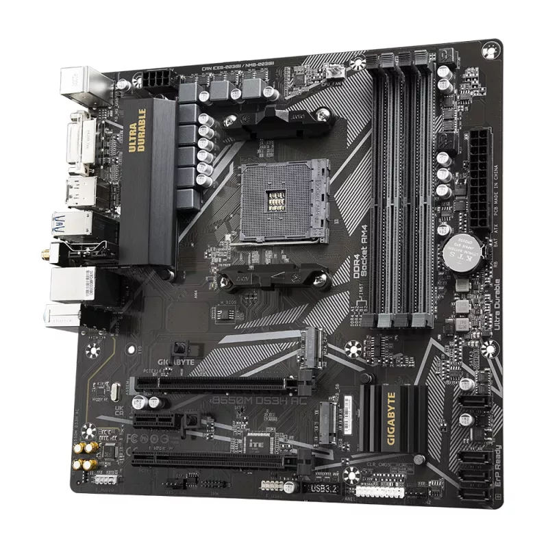 Placa-mãe GIGABYTE B550M DS3H AC - CPUs AMD Ryzen 5000, VRM 5+3 fases, até 4733 MHz DDR4, 1xPCIe 4.0 + 1xPCIe 3.0 M.2, Wi-Fi 5, 1 GbE LAN, USB 3.2 Gen 1