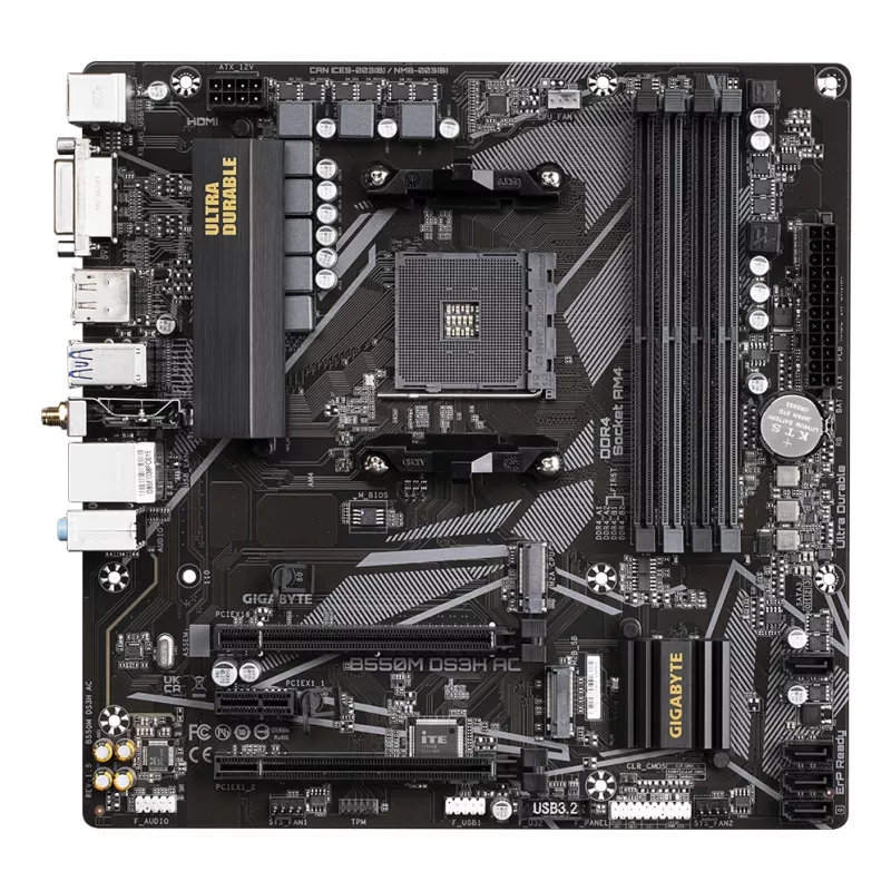 Placa-mãe GIGABYTE B550M DS3H AC - CPUs AMD Ryzen 5000, VRM 5+3 fases, até 4733 MHz DDR4, 1xPCIe 4.0 + 1xPCIe 3.0 M.2, Wi-Fi 5, 1 GbE LAN, USB 3.2 Gen 1