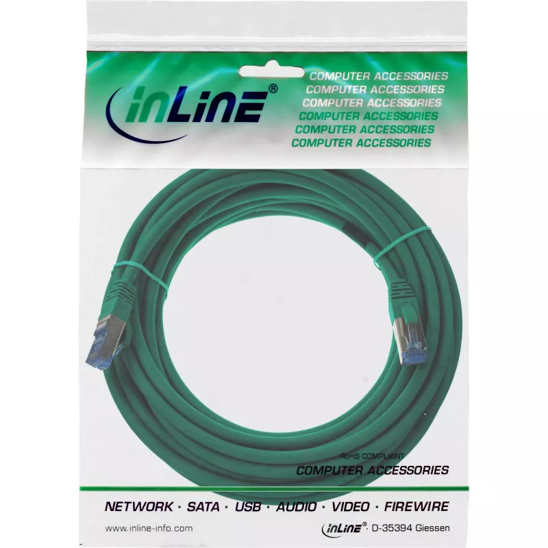 Cabo de rede InLine S/FTP PiMF Cat.6A sem halogéneos 500MHz verde 5m