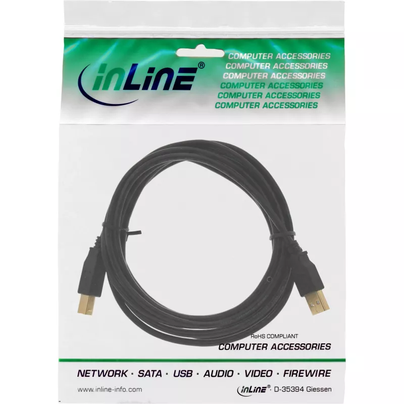 InLine 34510S cabo USB 2.0 tipo A macho / tipo B macho, contactos banhados a ouro, 1 m, preto