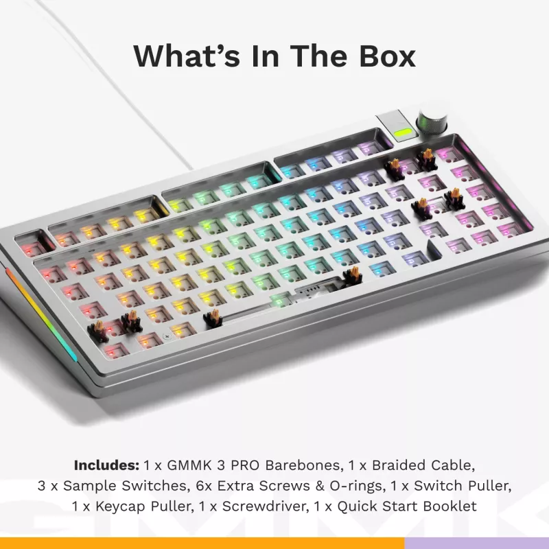 Glorious Gaming GMMK 3 PRO 75% Barebones Wired Silver - US, 75%, com fios, USB, RGB LED, Prateado