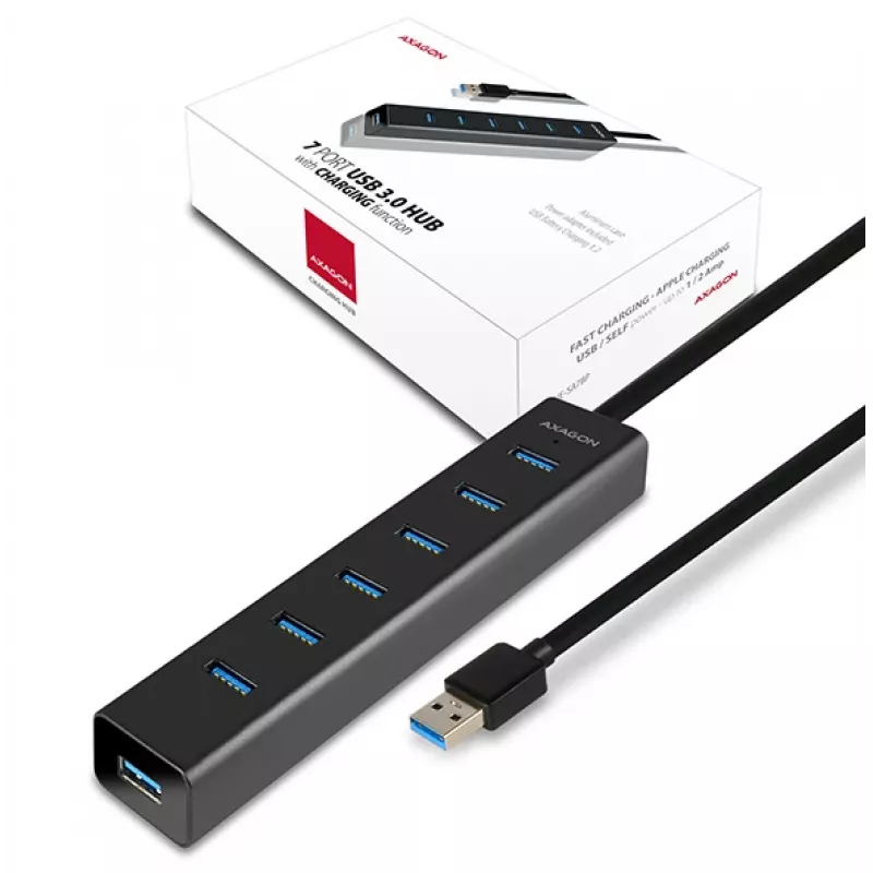 Axagon HUE-SA7BP 7x USB 3.0 ALU HUB DE CARREGAMENTO preto incl. fonte de alimentação