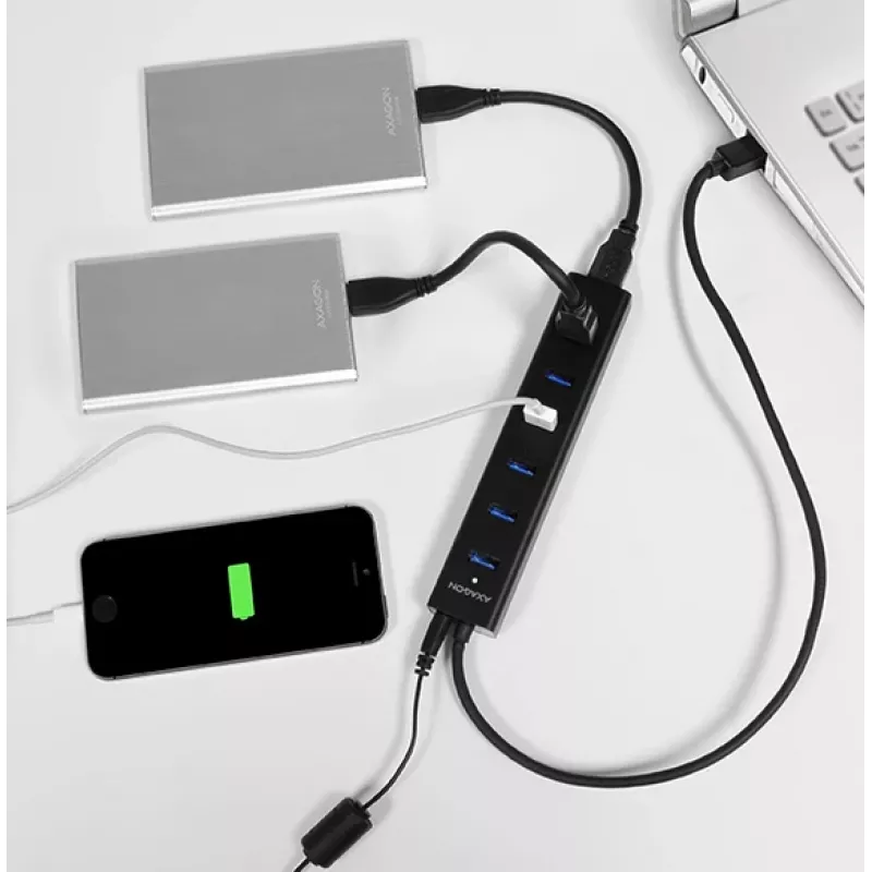 Axagon HUE-SA7BP 7x USB 3.0 ALU HUB DE CARREGAMENTO preto incl. fonte de alimentação