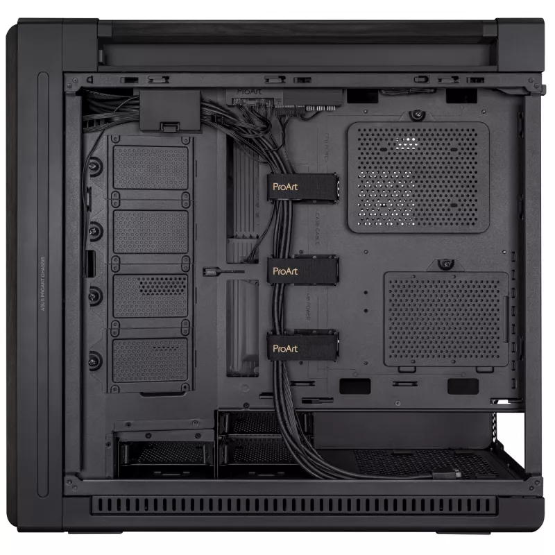 ASUS ProArt PA602 Wood Edition caixa de PC Midi Tower, E-ATX, placa gráfica até 450 mm, cooler de CPU até 190 mm, 4 × 3,5" + 4 × 2,5" baias, USB-C, preta