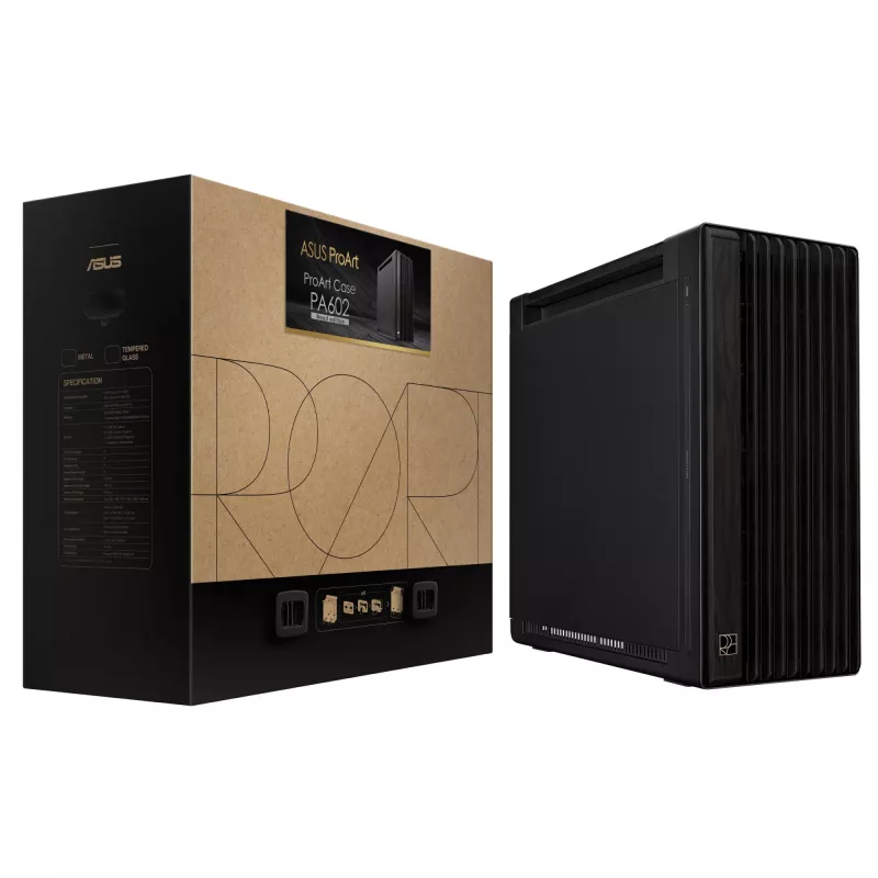 ASUS ProArt PA602 Wood Edition caixa de PC Midi Tower, E-ATX, placa gráfica até 450 mm, cooler de CPU até 190 mm, 4 × 3,5" + 4 × 2,5" baias, USB-C, preta
