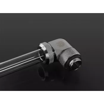 Conector para refrigeração líquida BitsPower BP-E90RML — articulação rotativa de 90° em latão, rosca de 1/4 de polegada, prateado