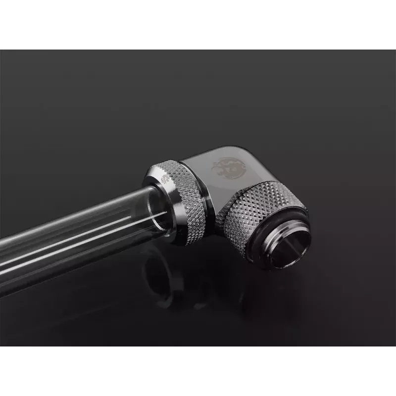 Conector para refrigeração líquida BitsPower BP-E90RML — articulação rotativa de 90° em latão, rosca de 1/4 de polegada, prateado