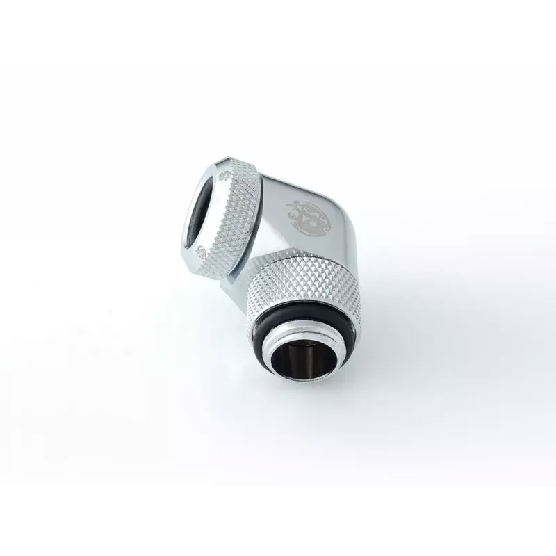 Conector para refrigeração líquida BitsPower BP-E90RML — articulação rotativa de 90° em latão, rosca de 1/4 de polegada, prateado