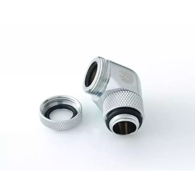 Conector para refrigeração líquida BitsPower BP-E90RML — articulação rotativa de 90° em latão, rosca de 1/4 de polegada, prateado