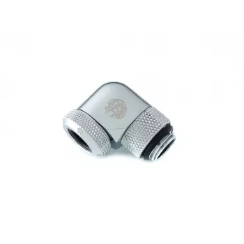 Conector para refrigeração líquida BitsPower BP-E90RML — articulação rotativa de 90° em latão, rosca de 1/4 de polegada, prateado