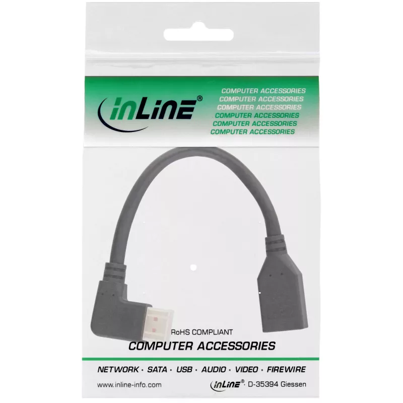 Cabo adaptador InLine DisplayPort 1.4 M/F, 8K4K, angular à esquerda, preto/dourado, 0,15m