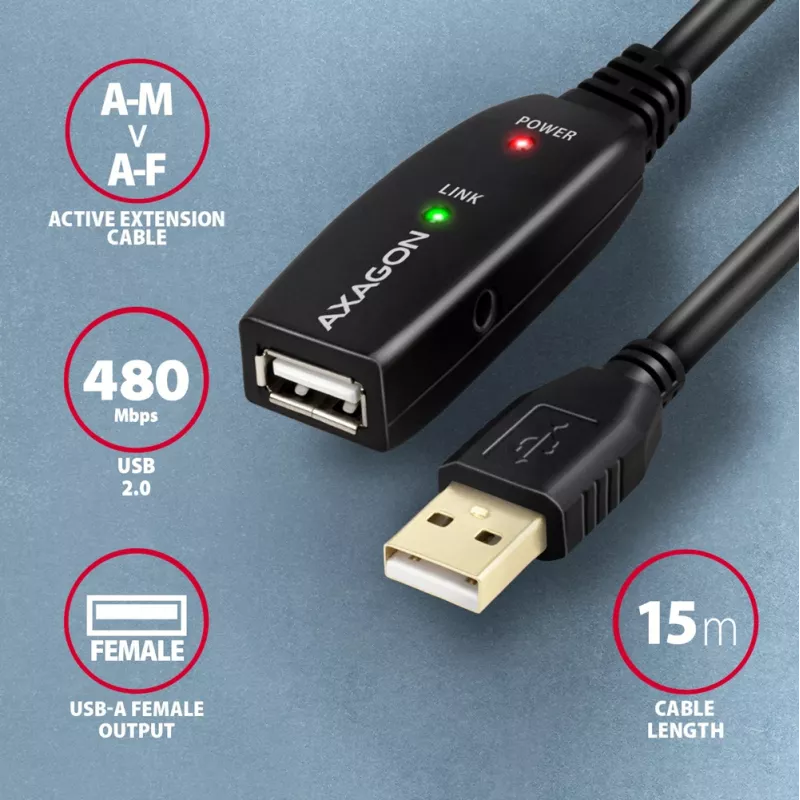 Cabo de extensão/repetidor ativo Axagon ADR-215 USB 2.0 A-M -> A-F 15 m