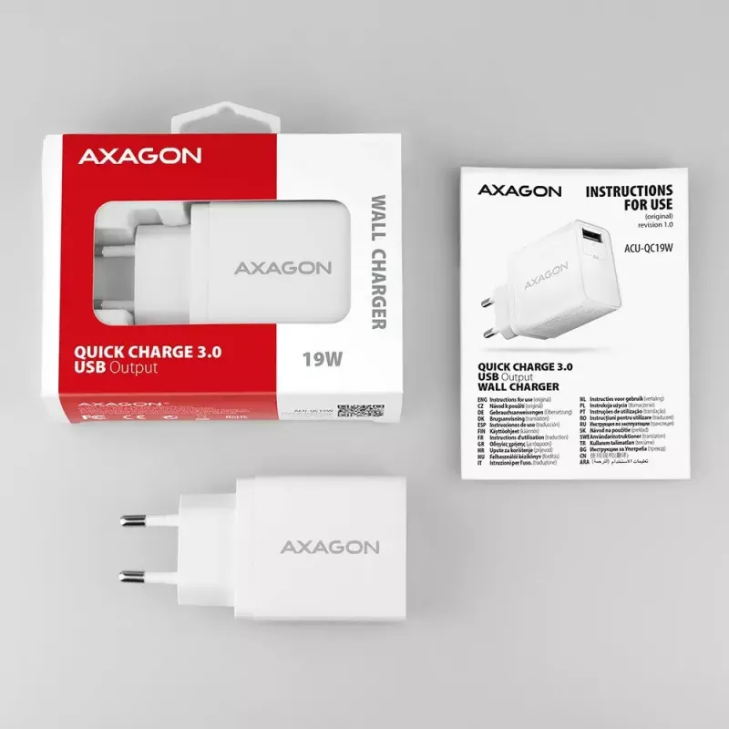 Carregador de parede Axagon ACU-QC19W 1x QC3.0/AFC/FCP/SMART 19W branco