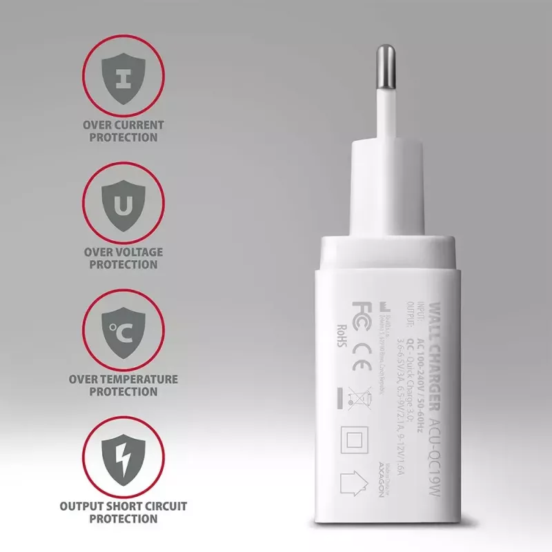 Carregador de parede Axagon ACU-QC19W 1x QC3.0/AFC/FCP/SMART 19W branco