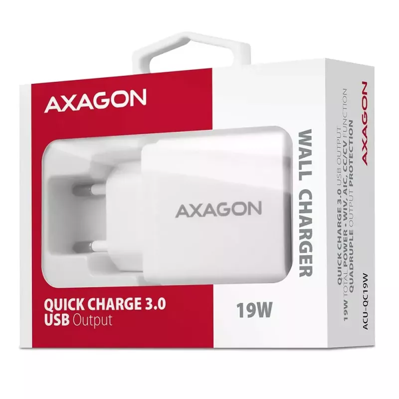 Carregador de parede Axagon ACU-QC19W 1x QC3.0/AFC/FCP/SMART 19W branco