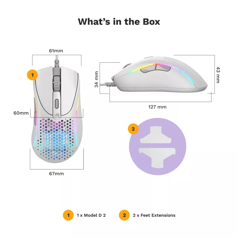 Glorious Gaming Glorious Model D 2 Wired - branco mate, destro, ótico, USB Type-A, 26000 DPI, branco