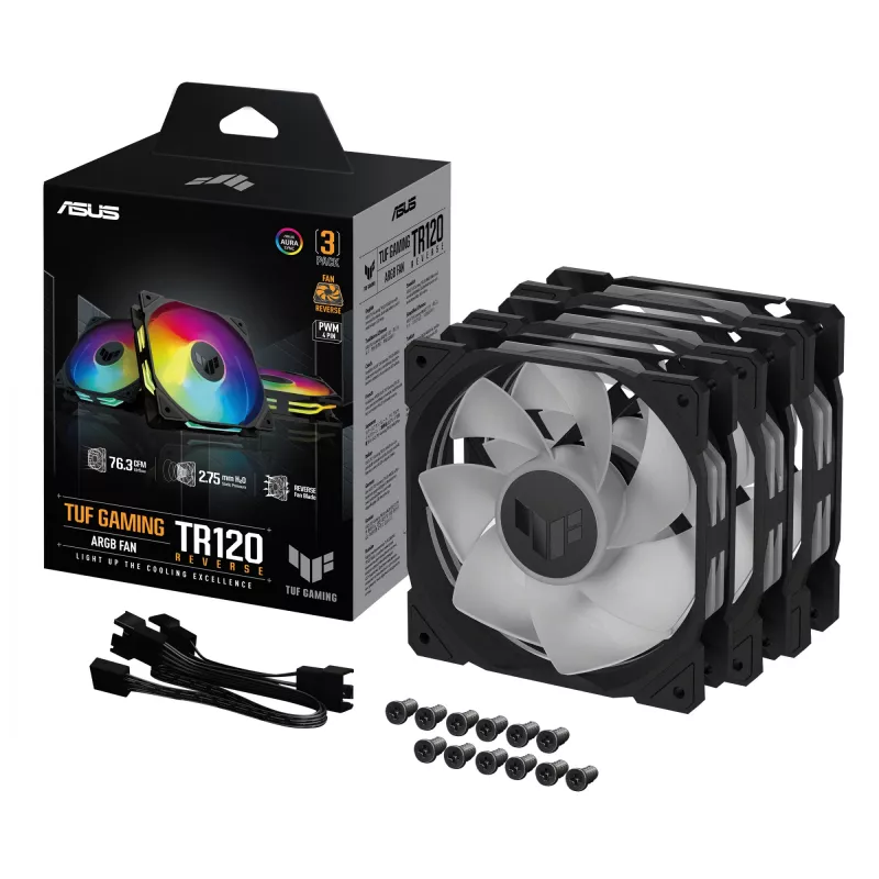 Ventoinhas de caixa ASUS TUF Gaming TR120 ARGB Reverse 90DA00D0-B09020 (3 un.), 120 mm, PWM, rolamento hidráulico, pretas