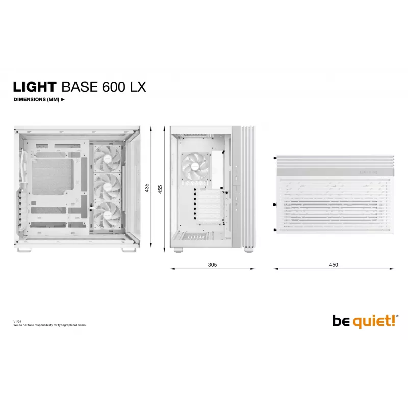 be quiet! Light Base 600 LX BGW68 caixa de PC Midi Tower, ATX, janela lateral em vidro temperado, ARGB, USB-C, suporte para radiador de 360 mm, branca