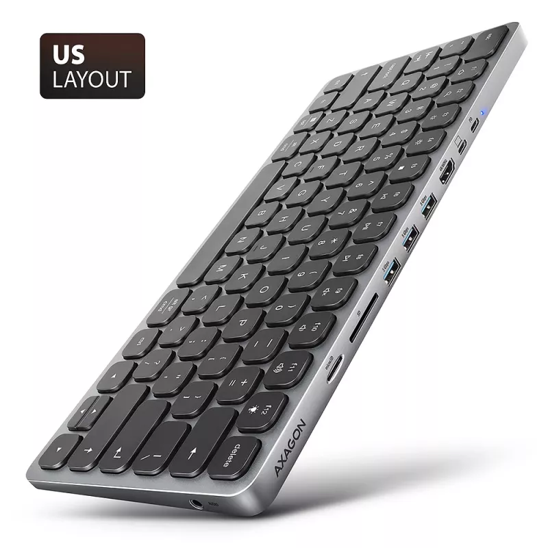 Axagon HMC-KB-US, hub USB 5Gbps com teclado, HDMI 4K/60Hz, 3x USB-A, SD/mSD, áudio, PD 100, layout US
