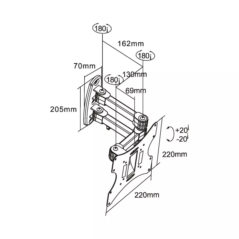 Suporte de parede InLine para TFT/LED/Plasma 58–107 cm (23–42 polegadas) inclinável/rotativo, VESA 100x100–200x200, máx. 30 kg, preto