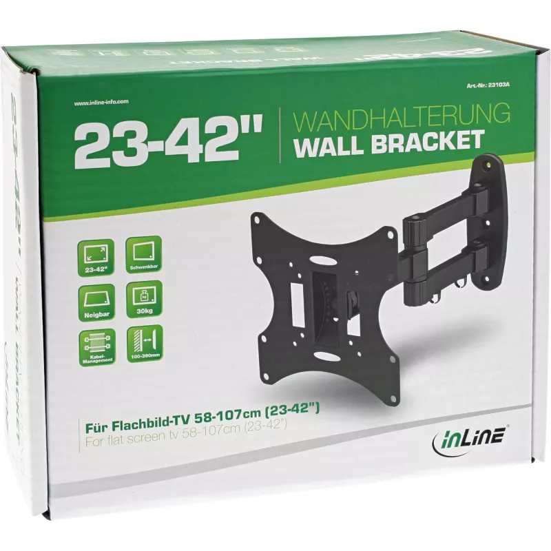 Suporte de parede InLine para TFT/LED/Plasma 58–107 cm (23–42 polegadas) inclinável/rotativo, VESA 100x100–200x200, máx. 30 kg, preto