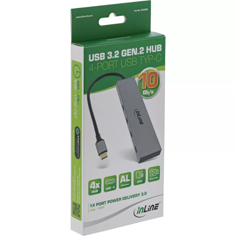 Hub USB 3.2 Gen.2 InLine (10 Gb/s), 4 portas USB-C, OTG, caixa de alumínio